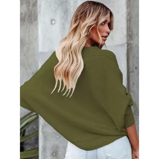 Loose Batwing Sleeves Twist Solid Color V-Neck Sweater Tops