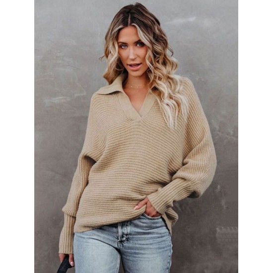 Long Sleeves Solid Color Lapel V-Neck Sweater Tops