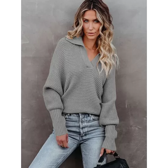 Long Sleeves Solid Color Lapel V-Neck Sweater Tops