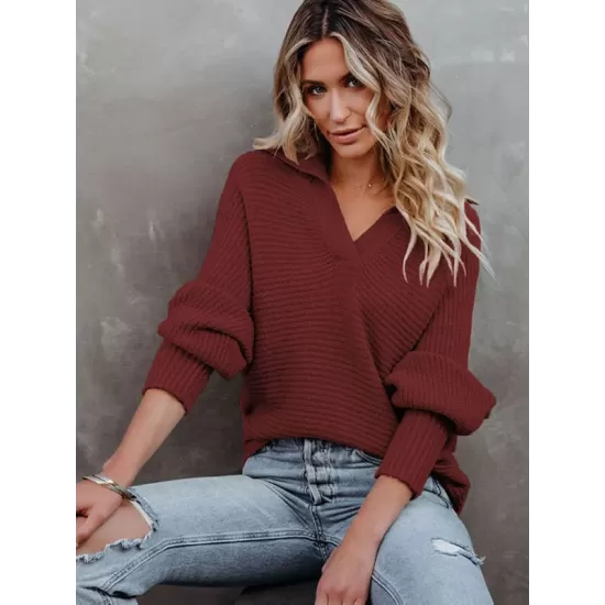 Long Sleeves Solid Color Lapel V-Neck Sweater Tops