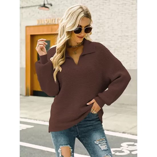 Long Sleeves Solid Color Lapel V-Neck Sweater Tops