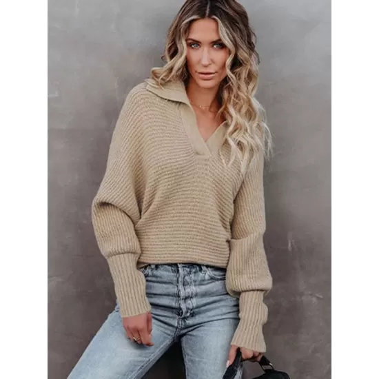 Long Sleeves Solid Color Lapel V-Neck Sweater Tops