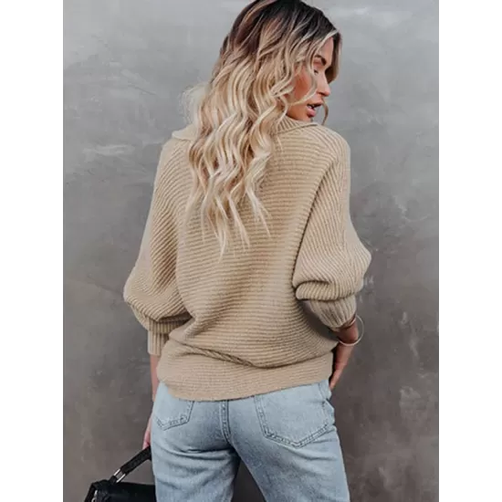 Long Sleeves Solid Color Lapel V-Neck Sweater Tops