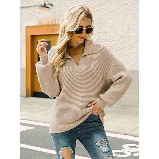 Long Sleeves Solid Color Lapel V-Neck Sweater Tops