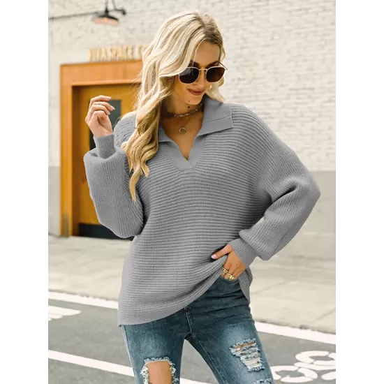 Long Sleeves Solid Color Lapel V-Neck Sweater Tops