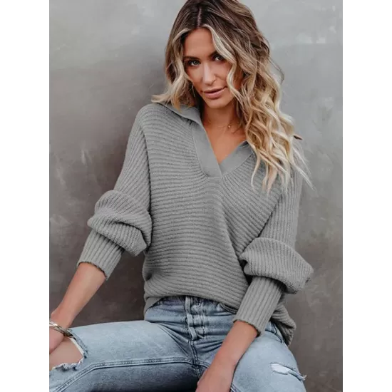 Long Sleeves Solid Color Lapel V-Neck Sweater Tops