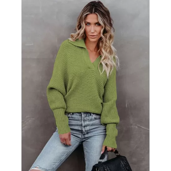 Long Sleeves Solid Color Lapel V-Neck Sweater Tops