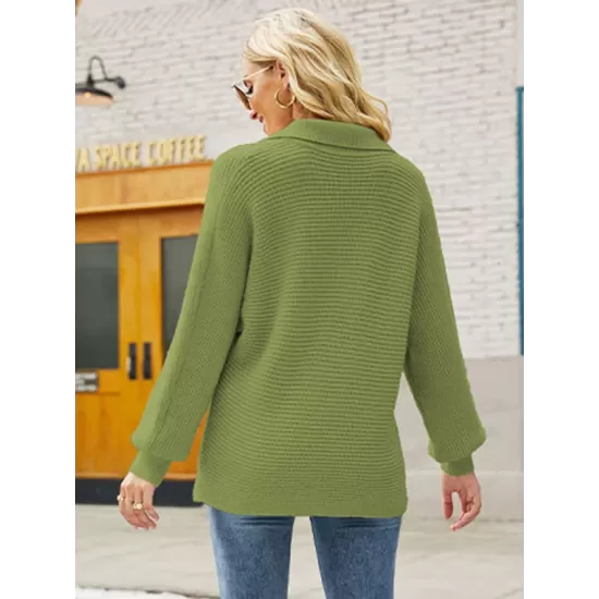 Long Sleeves Solid Color Lapel V-Neck Sweater Tops