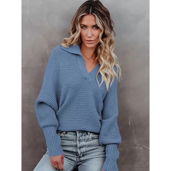 Long Sleeves Solid Color Lapel V-Neck Sweater Tops