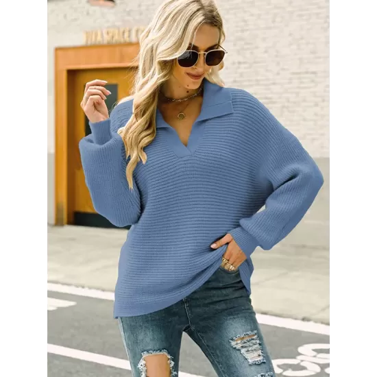 Long Sleeves Solid Color Lapel V-Neck Sweater Tops