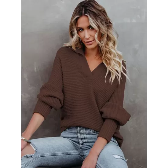 Long Sleeves Solid Color Lapel V-Neck Sweater Tops