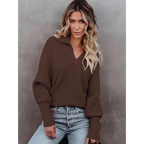 Long Sleeves Solid Color Lapel V-Neck Sweater Tops