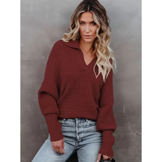 Long Sleeves Solid Color Lapel V-Neck Sweater Tops