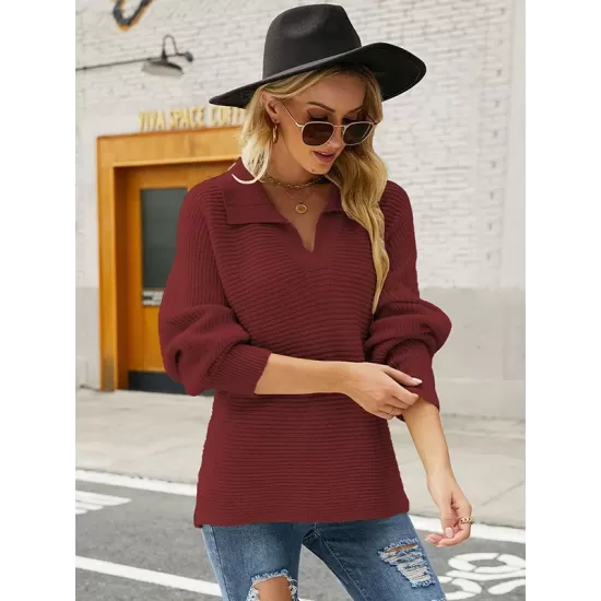 Long Sleeves Solid Color Lapel V-Neck Sweater Tops