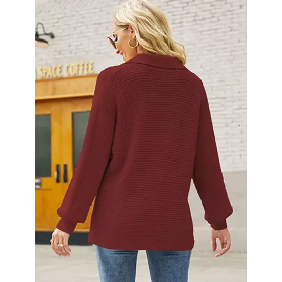 Long Sleeves Solid Color Lapel V-Neck Sweater Tops