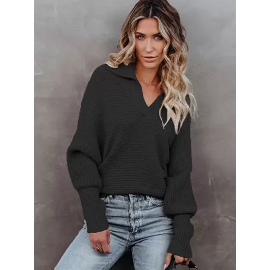 Long Sleeves Solid Color Lapel V-Neck Sweater Tops