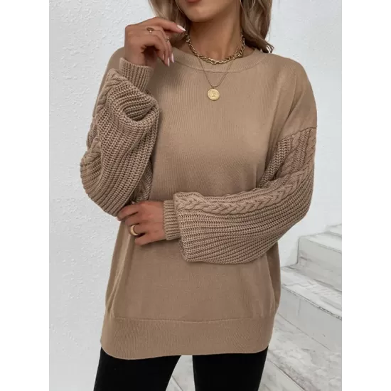 Knitted Twist Long Sleeves Solid Color Round-Neck Sweater Tops