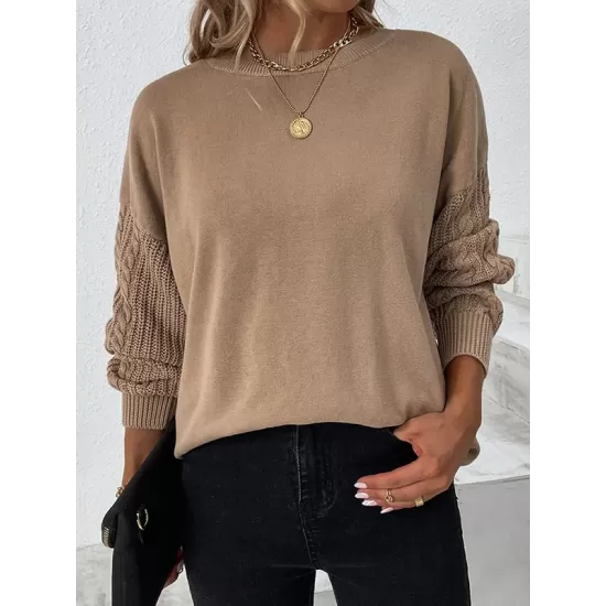 Knitted Twist Long Sleeves Solid Color Round-Neck Sweater Tops