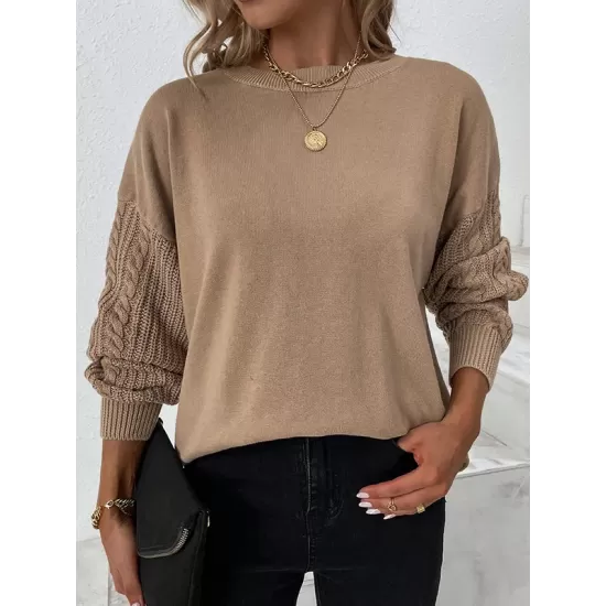 Knitted Twist Long Sleeves Solid Color Round-Neck Sweater Tops