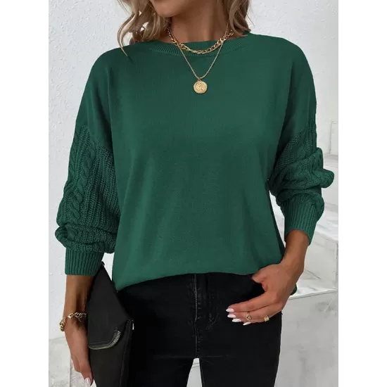 Knitted Twist Long Sleeves Solid Color Round-Neck Sweater Tops