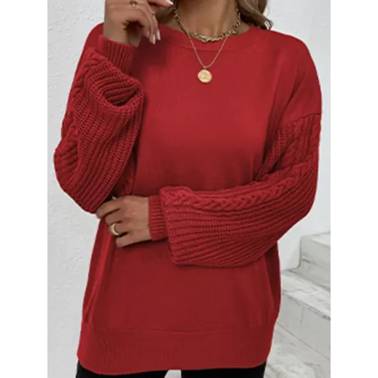 Knitted Twist Long Sleeves Solid Color Round-Neck Sweater Tops