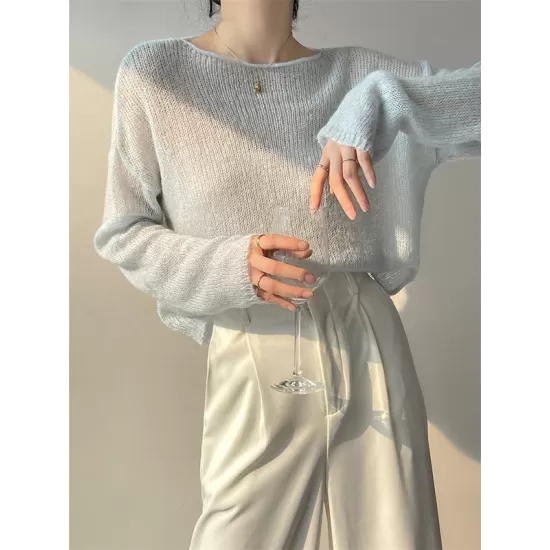 Gentle Mohair Knitted Loose Long Sleeves Solid Color Thin Sweater Tops