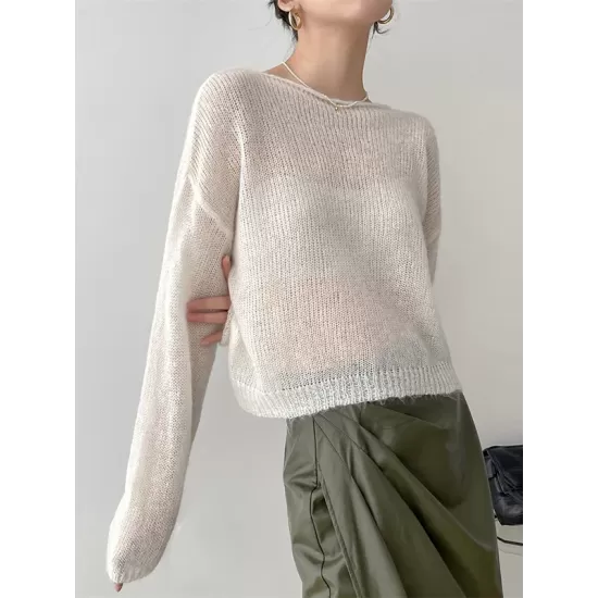 Gentle Mohair Knitted Loose Long Sleeves Solid Color Thin Sweater Tops