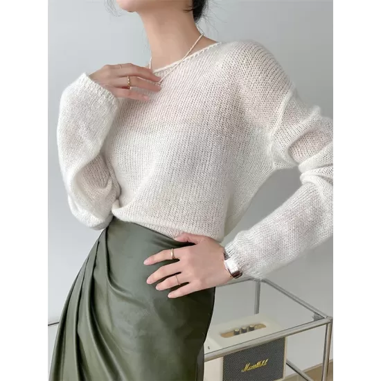 Gentle Mohair Knitted Loose Long Sleeves Solid Color Thin Sweater Tops