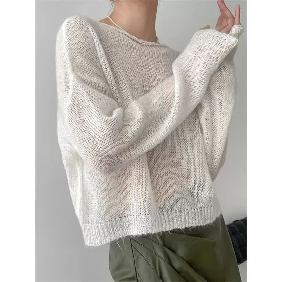 Gentle Mohair Knitted Loose Long Sleeves Solid Color Thin Sweater Tops