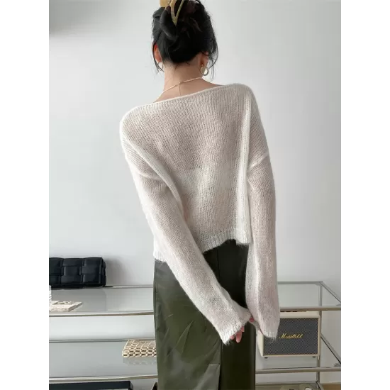 Gentle Mohair Knitted Loose Long Sleeves Solid Color Thin Sweater Tops