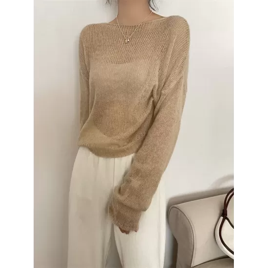 Gentle Mohair Knitted Loose Long Sleeves Solid Color Thin Sweater Tops