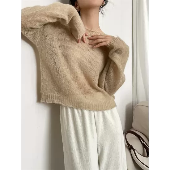 Gentle Mohair Knitted Loose Long Sleeves Solid Color Thin Sweater Tops