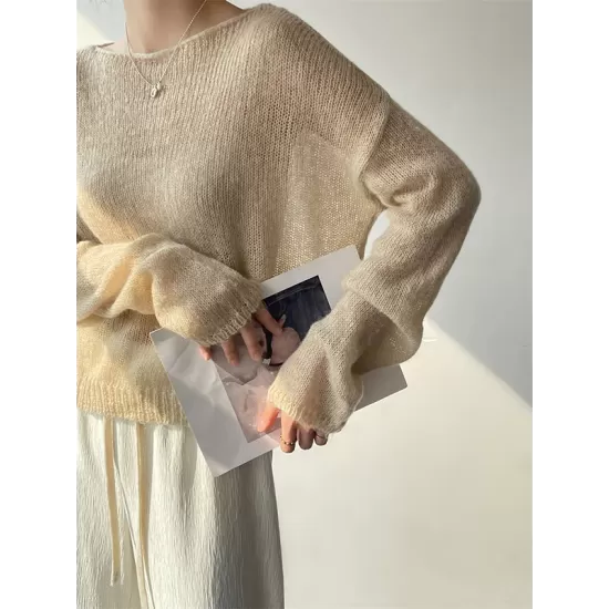 Gentle Mohair Knitted Loose Long Sleeves Solid Color Thin Sweater Tops