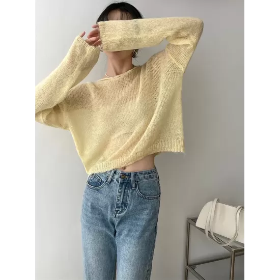 Gentle Mohair Knitted Loose Long Sleeves Solid Color Thin Sweater Tops