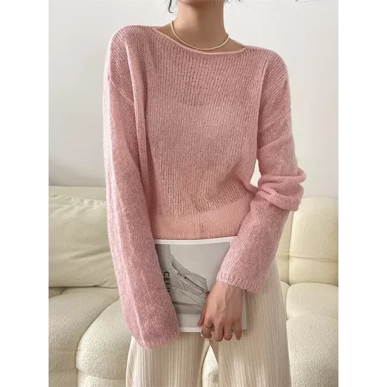 Gentle Mohair Knitted Loose Long Sleeves Solid Color Thin Sweater Tops