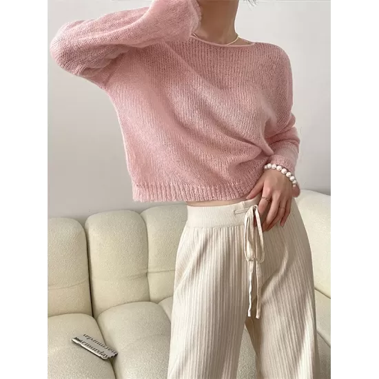 Gentle Mohair Knitted Loose Long Sleeves Solid Color Thin Sweater Tops