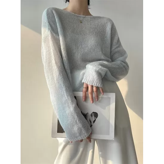 Gentle Mohair Knitted Loose Long Sleeves Solid Color Thin Sweater Tops