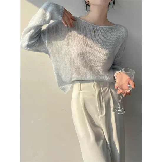 Gentle Mohair Knitted Loose Long Sleeves Solid Color Thin Sweater Tops