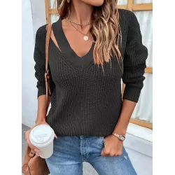 Stylish Loose Solid Color V-Neck Sweater Tops