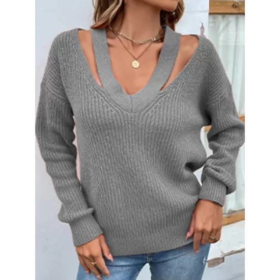 Stylish Loose Solid Color V-Neck Sweater Tops