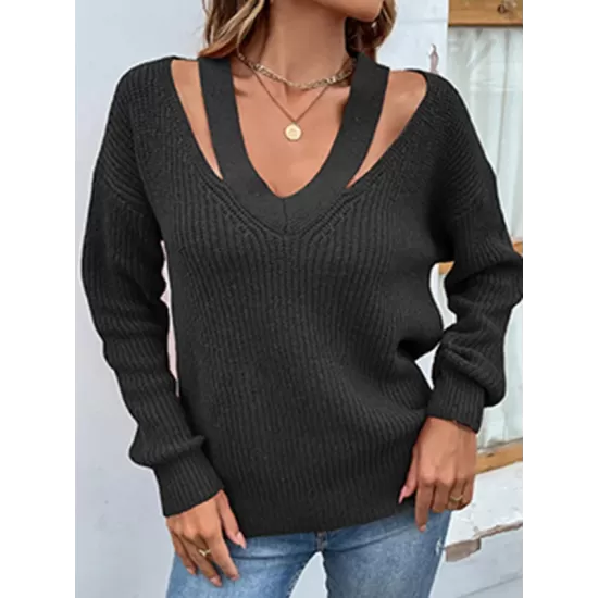 Stylish Loose Solid Color V-Neck Sweater Tops