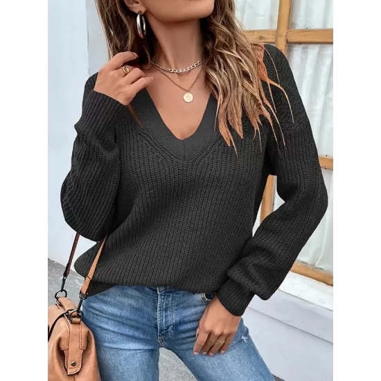 Stylish Loose Solid Color V-Neck Sweater Tops