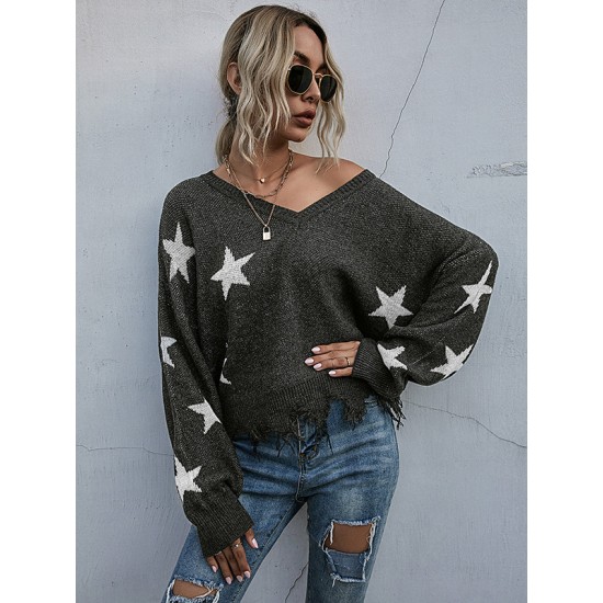 Casual Loose Patchwork V-Neck Sweater Top