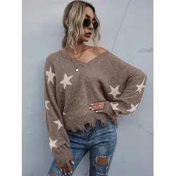 Casual Loose Patchwork V-Neck Sweater Top