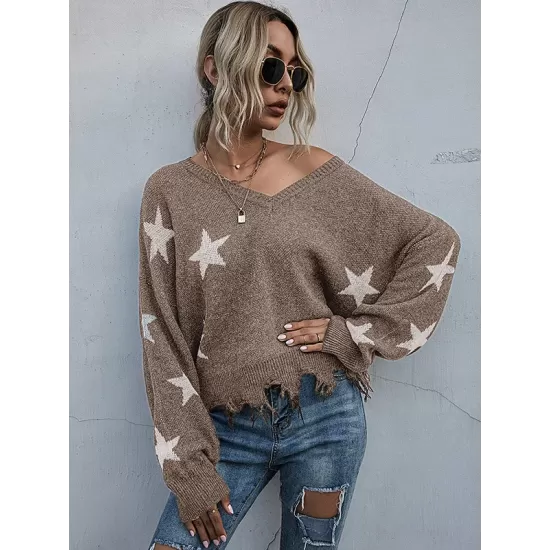 Casual Loose Patchwork V-Neck Sweater Top