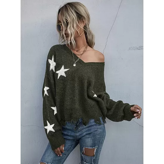 Casual Loose Patchwork V-Neck Sweater Top