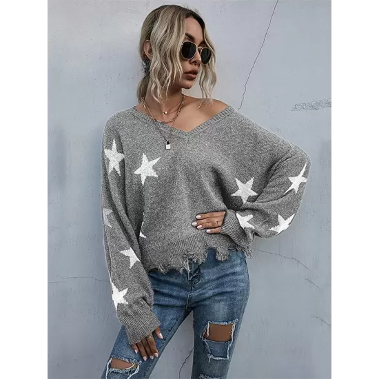 Casual Loose Patchwork V-Neck Sweater Top