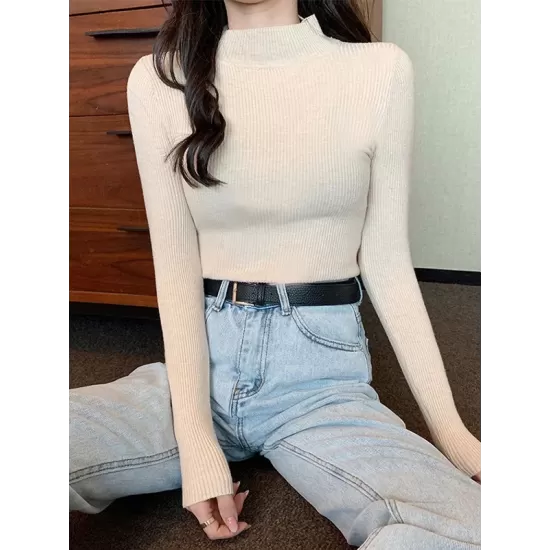 Casual Skinny Long Sleeves Solid Color High-Neck Sweater Tops