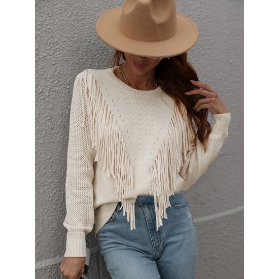 Original Long Sleeves Loose Tasseled Solid Color Round-Neck Sweater Tops