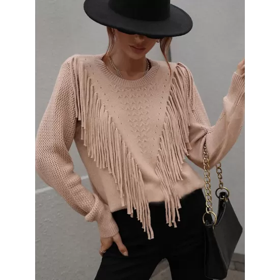 Original Long Sleeves Loose Tasseled Solid Color Round-Neck Sweater Tops